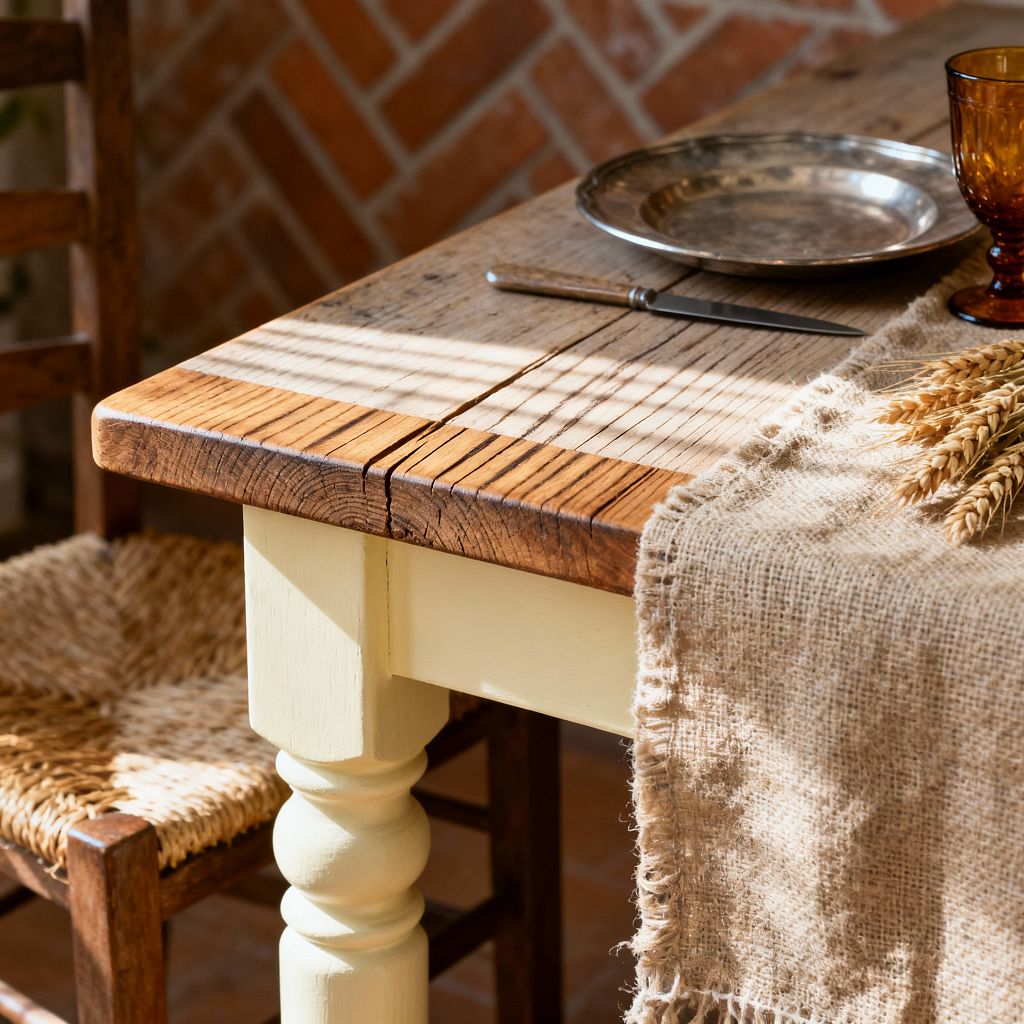 Close-up of a farmhouse dining table showing a weathered reclaimed-wood top with visible grain and a cream-painted turned leg, beside a wooden chair with a woven rush seat. Sunlight filters in stripes across a frayed burlap runner, an amber glass goblet, a pewter plate, and a simple knife, while a warm terracotta herringbone brick wall forms the background, emphasizing rustic textures, handcrafted details, and a cozy, timeworn atmosphere.