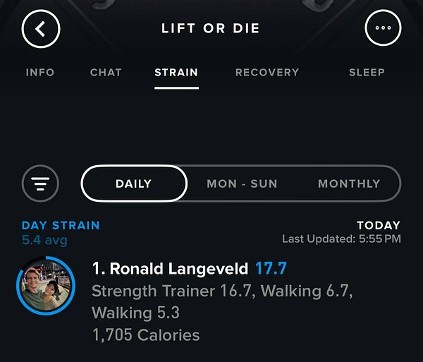 A strength training workout data screen shows various metrics from a WHOOP session focused on high strain leg exercises.