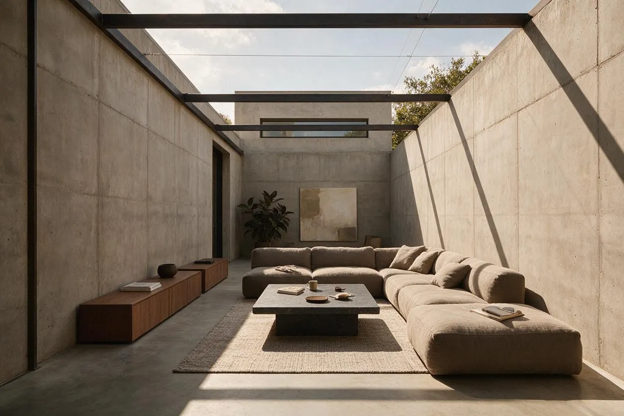A minimalist brutalist patio with tall raw concrete walls, open overhead steel beams, and a beige sectional sofa arranged around a low square coffee table. A wood bench with decor runs along the left wall, while a textured rug and soft daylight create a calm, enclosed outdoor living space.