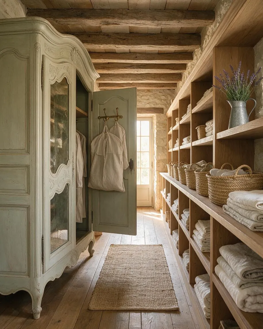 A narrow French Country closet with a distressed antique armoire on the left, open wood shelving on the right, and a pale green door at the far end. The space features exposed wood ceiling beams, stone walls, a woven runner rug, folded linens, wicker baskets, and a metal pitcher holding lavender.