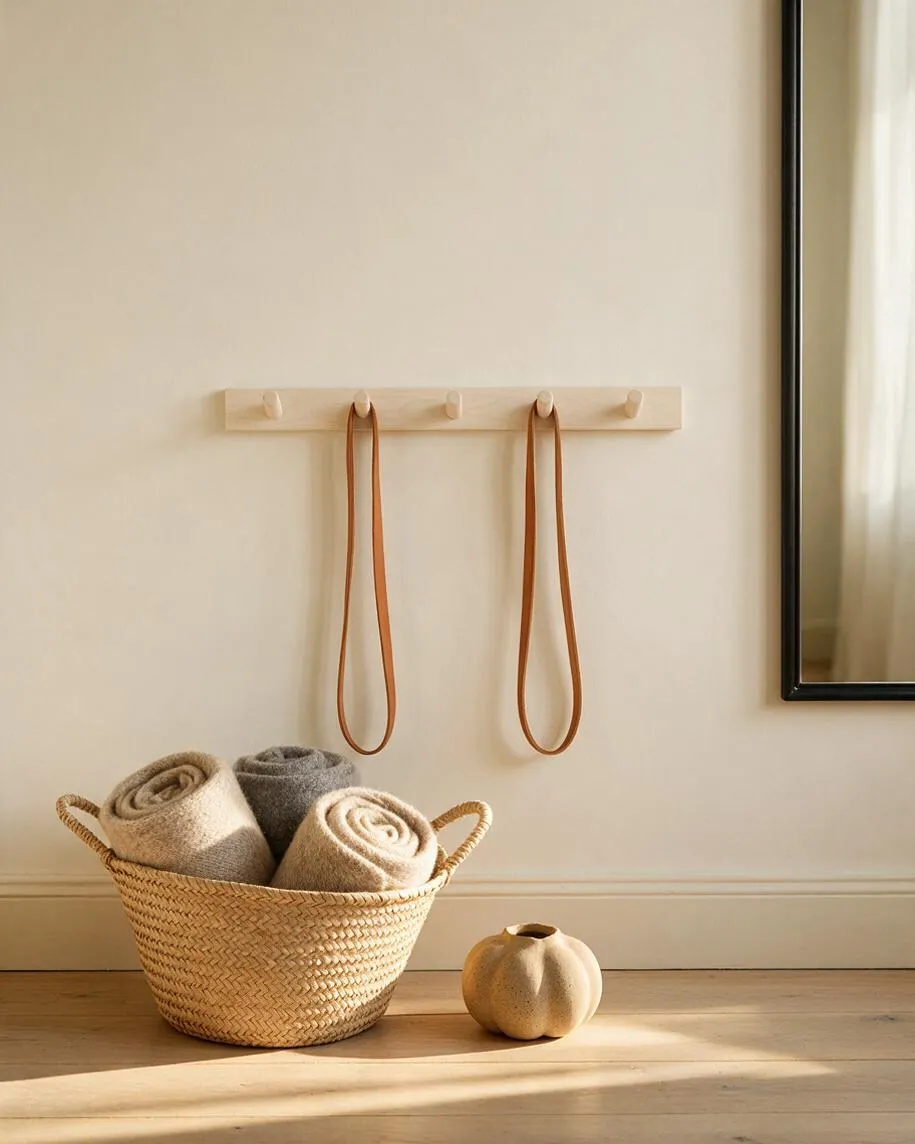 A calm Scandinavian-style entryway vignette with a pale wall, a light wood peg rail holding two leather straps, and a woven basket filled with rolled blankets. A small sculptural ceramic vessel sits on the floor beside the basket, with soft natural light and a black-framed mirror at the edge of the scene.