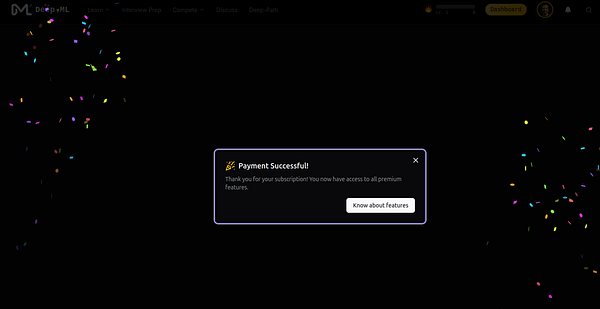 A notification on DeepL ML platform confirms successful payment and subscription to premium features with celebratory confetti in the dark-themed interface.