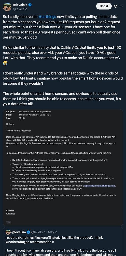 Screenshot of Airthings API usage limits and related billing data from Levels.io Twitter post.