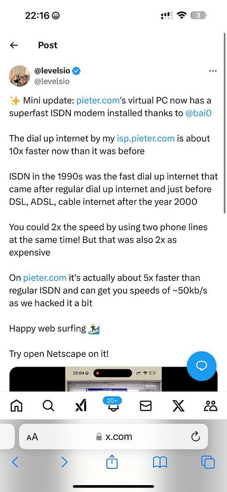 A social media post discussing the installation of a superfast ISDN modem on a virtual PC.
