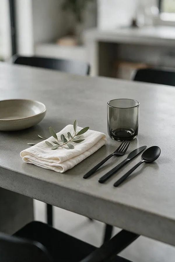 A modern dining table setting with a smooth gray concrete tabletop, a folded white cloth napkin topped with a small olive branch, matte black fork, knife, and spoon, a smoky glass tumbler, and a neutral ceramic bowl. Black chairs and a softly blurred background create a calm, minimalist atmosphere.