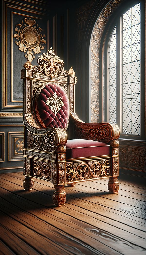 An intricately carved wooden chair with gold leaf detailing, featuring padded seating upholstered in rich, red fabric, sitting by a large window in a room adorned with historical artifacts.