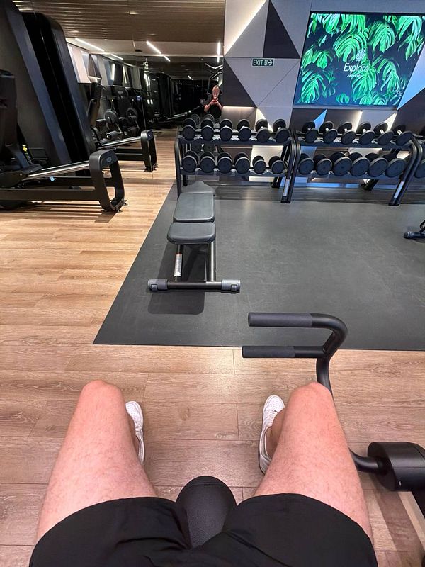 A photograph of a well-equipped gym with various exercise machines, weights, and mirrors along the walls.