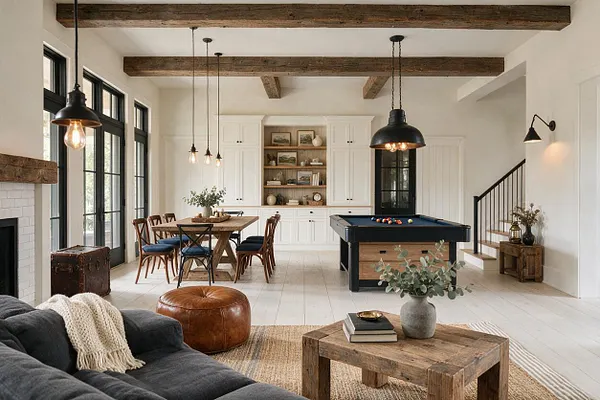 A spacious farmhouse-style game room with white walls, exposed wood ceiling beams, black-framed windows, and a black pool table centered near built-in cabinetry. A rustic dining table with mixed wooden chairs sits by the windows, while a dark sofa, leather ottoman, and reclaimed wood coffee table create a relaxed seating area in the foreground.