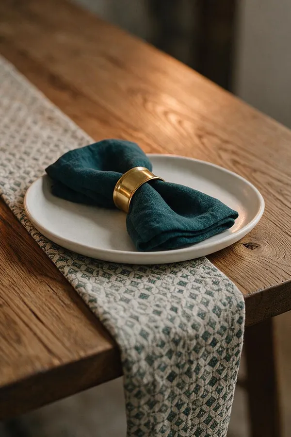 A close-up of a rustic wooden table set with a white ceramic plate, a dark teal cloth napkin secured by a brass napkin ring, and a patterned woven table runner draped over the edge. Warm natural light highlights the wood grain and layered textures.