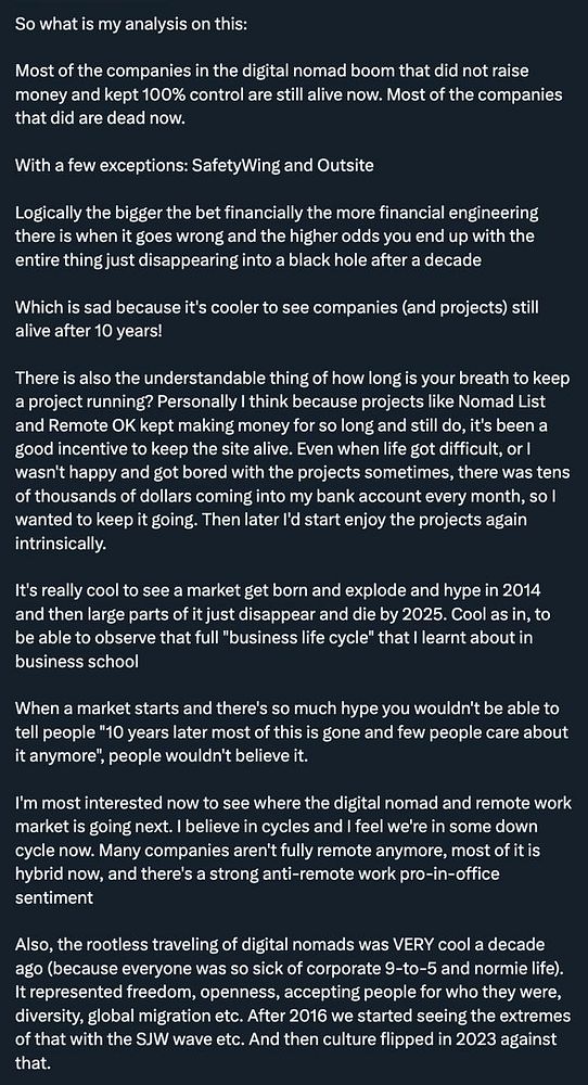 The image features a detailed analysis of the digital nomad boom of 2014 and its decline, highlighting the survival of a few companies.