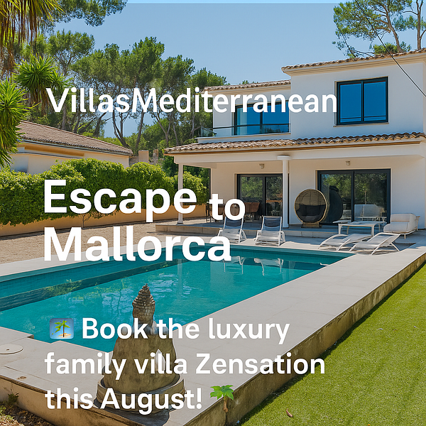 A luxurious villa in Mallorca with a swimming pool and lush greenery.