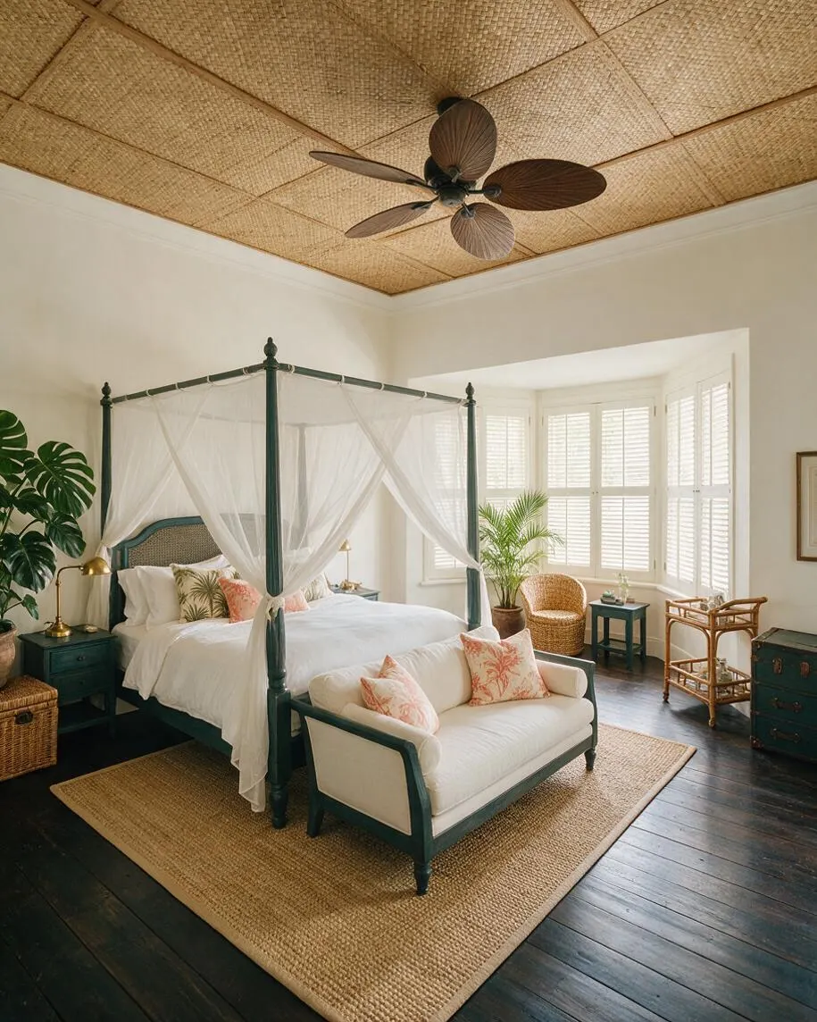 A tropical master bedroom with a dark teal canopy bed draped in sheer white fabric, set on a woven jute rug over dark wood floors. The room features white walls, shuttered bay windows, a rattan chair, wicker accents, potted plants, and a ceiling covered in natural woven panels with a palm-inspired fan.