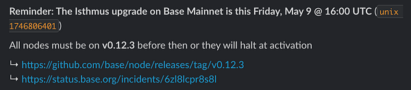 A reminder message regarding an upcoming upgrade for node operators on the Base Mainnet.