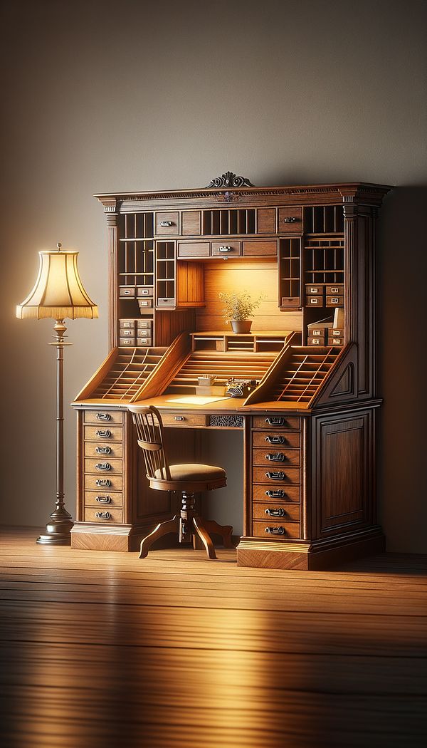 A cozy home office with a vintage fall front desk made of dark wood. The desk is in the open position, revealing its intricate interior compartments and a lamp casting a warm glow on the writing surface.