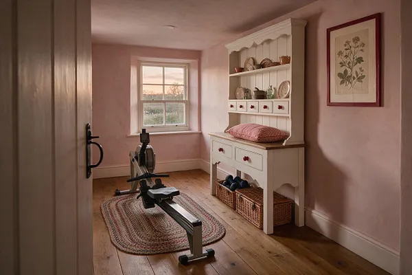 A small cottage-style home gym with pale pink walls, a wood floor, and a rowing machine placed on a woven rug near a window. A white hutch with decorative shelves, baskets, and soft red accents adds a charming, homey feel.