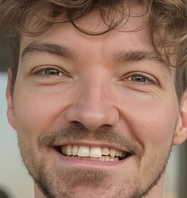 A close-up portrait of a smiling man with curly hair and a light beard.