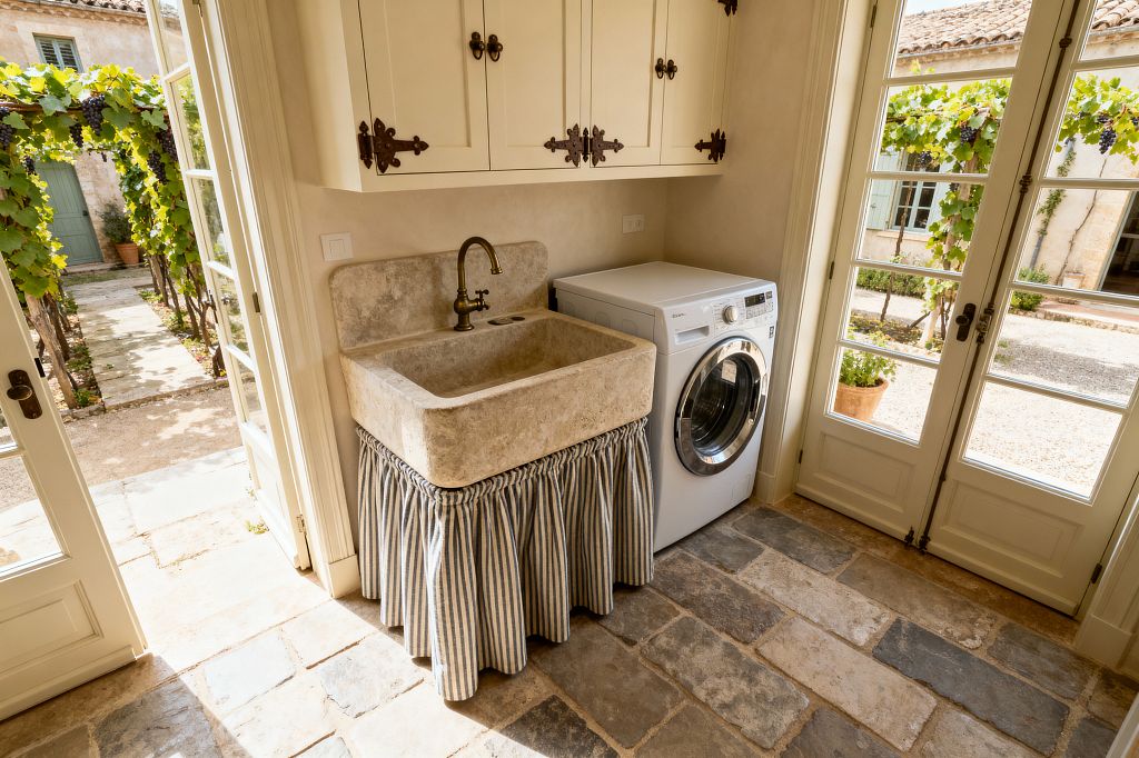 A compact French Country laundry room features a chunky limestone farmhouse sink with an aged brass faucet and a blue-and-white ticking skirt, paired with a white front-loading washer. Cream cabinets with dark iron strap hinges hang above, rustic tumbled stone flooring grounds the space, and large divided-light French doors flood the room with sunlight and open to a vine-covered courtyard.