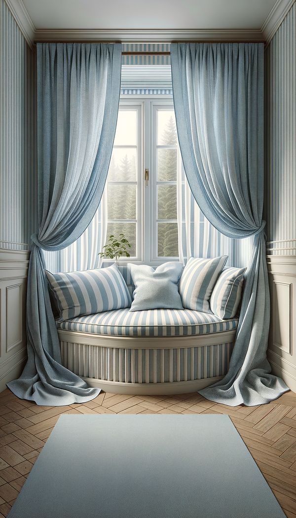 A cozy reading nook featuring a window seat upholstered in light blue and white striped seersucker fabric, with sheer seersucker curtains gently billowing in the breeze from an open window.