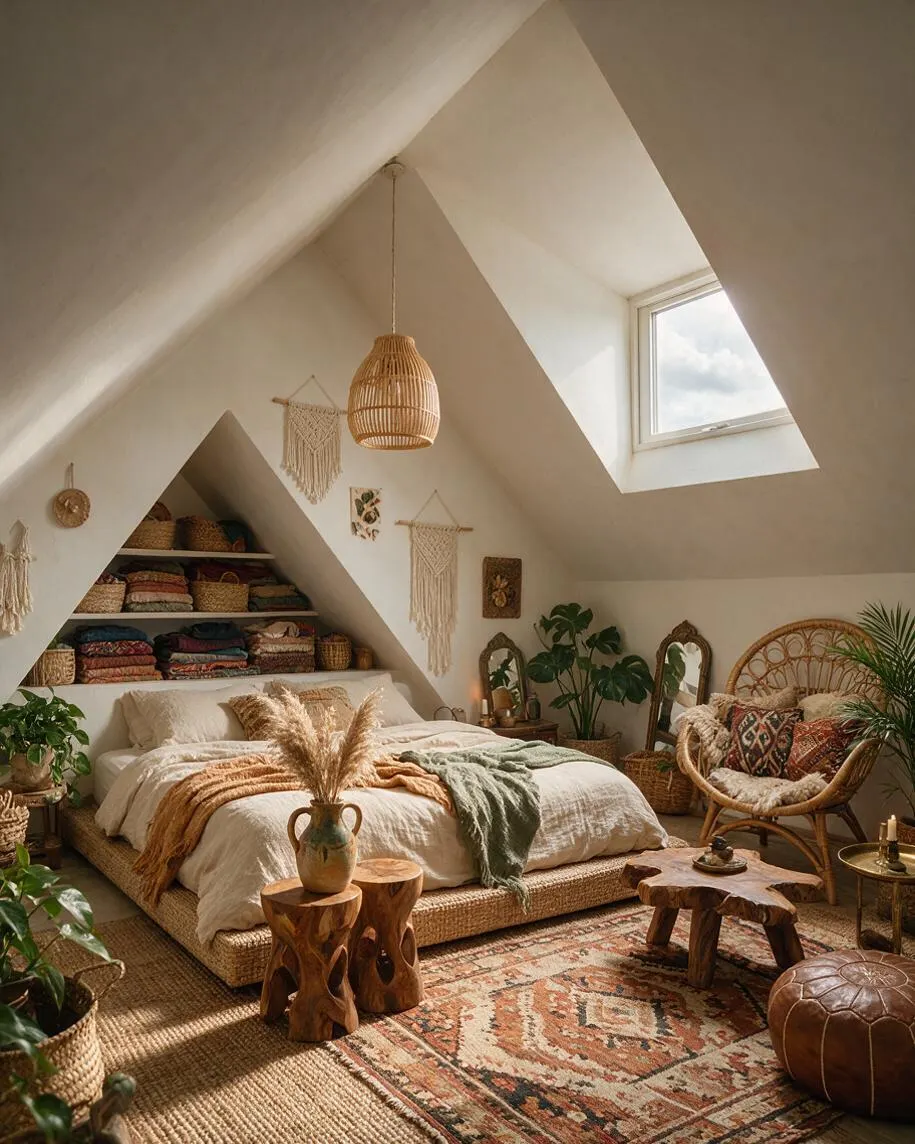 A cozy bohemian master bedroom in an attic with sloped white ceilings, a skylight, and a bed layered in cream, tan, and green textiles. Woven pendant lighting, macramé wall hangings, rattan furniture, carved wood tables, plants, and a patterned rug create a warm, eclectic atmosphere.