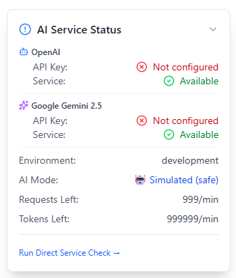 The image displays an AI service status panel showing configurations and availability for OpenAI and Google Gemini 2.5.