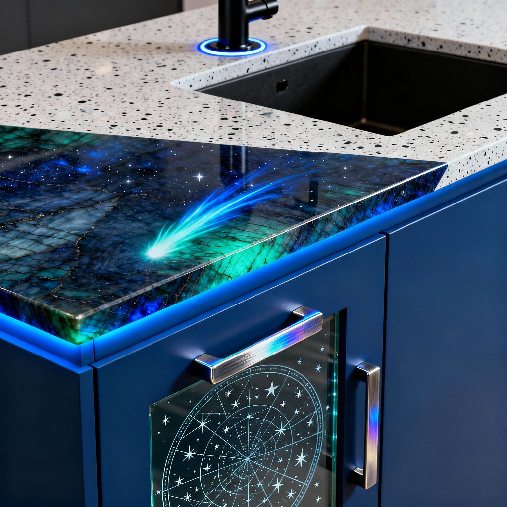 A close-up of a kitchen counter shows a speckled white terrazzo surface with a matte black sink and faucet, highlighted by a glowing blue ring. At the corner, a polished glass insert displays a vivid galaxy pattern in teal, blue, and black. Cobalt blue cabinetry sits below, edged with blue LED lighting. A cabinet door features an illuminated star-chart graphic behind glass, and brushed stainless pulls add shine, creating a sleek, futuristic, celestial look.