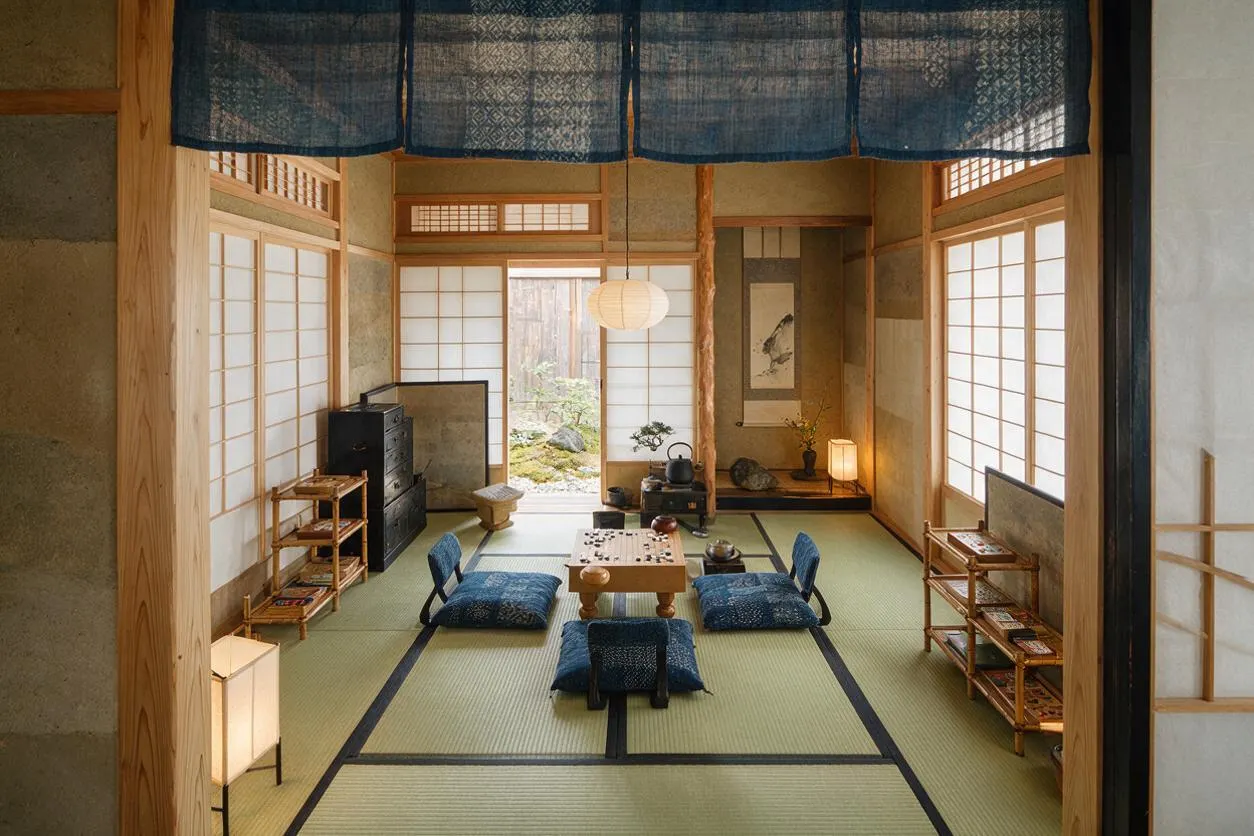 A Japanese Zen-inspired game room with tatami flooring, shoji paper screens, and low seating around a small wooden game table. Blue cushions, woven pendant lighting, and natural wood shelves create a calm, minimalist atmosphere.