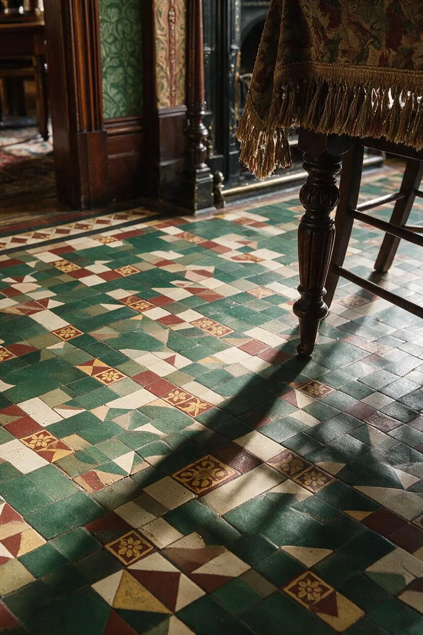 A Victorian interior with a patterned encaustic tile floor in green, cream, red, and gold geometric motifs. Dark carved wood furniture and trim frame the space, with patterned upholstery and rich shadows adding depth and period character.