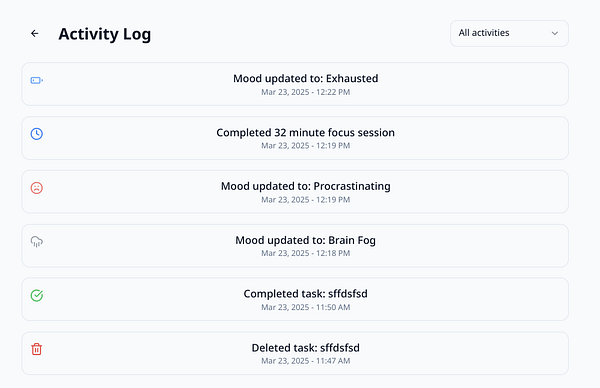 The image displays an activity log with various entries related to mood updates and task completions.