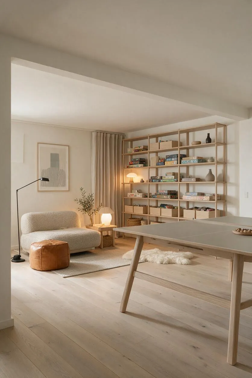 A Scandinavian-style game room with light wood flooring, a large open shelving unit filled with board games, and a low lounge chair with a matching ottoman. Soft curtains, a floor lamp, table lamp, and neutral textiles create a calm, cozy atmosphere around a large game table in the foreground.