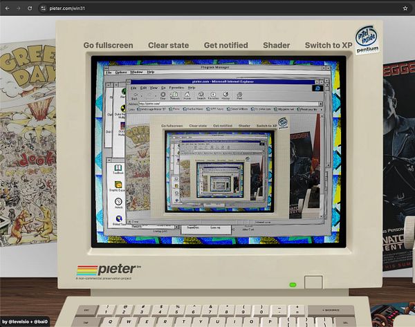 Screenshot of a Windows 3.11 desktop environment with open program windows including File Manager and MS-DOS Prompt.