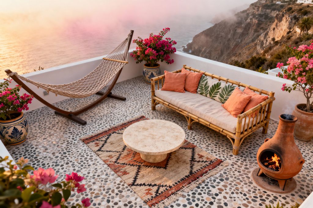 A cliffside patio with white stucco walls overlooks the sea at sunset, furnished with a bamboo sofa with beige cushions and terracotta and leaf-print pillows, a round travertine coffee table on a rust and beige kilim rug, and a freestanding rope hammock on a wooden stand. Pebble mosaic flooring, blooming bougainvillea in ceramic and terracotta pots, and a lit terracotta chiminea create a relaxed Bohemian setting.