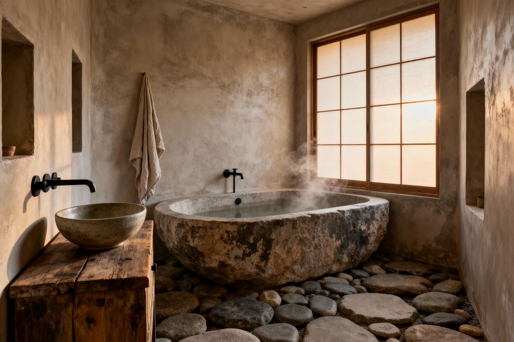 An earthy bathroom features a large, irregular stone soaking tub on a floor of smooth river rocks, with steam rising from the water. Textured lime-plaster walls with recessed niches and a hanging towel frame a rustic reclaimed-wood vanity and matte-black wall-mounted taps, while a wide shoji-style window with wooden grid diffuses warm light across the neutral palette of taupe plaster, weathered stone, and natural wood.