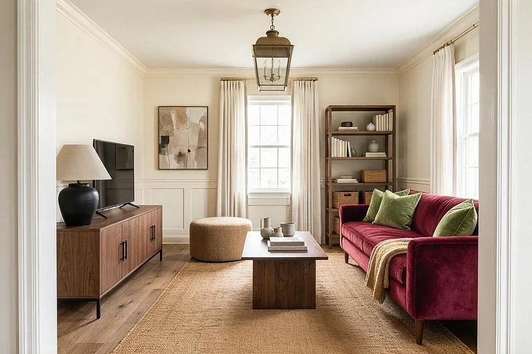 A Transitional living room in the Burgundy Velvet palette: cream, burgundy, olive, walnut, and camel