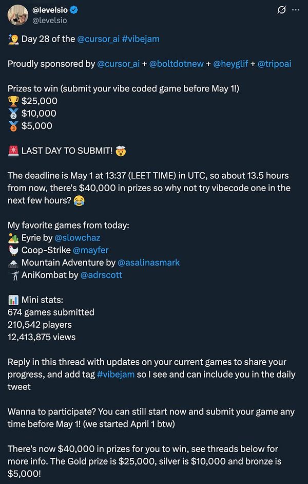 Screenshot of a Twitter post showing the final day update of #vibejam.