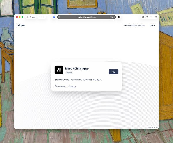 Screenshot of Stripe profile interface showing 'Authorizations' and 'Links' sections with a 'Add payment link' button.