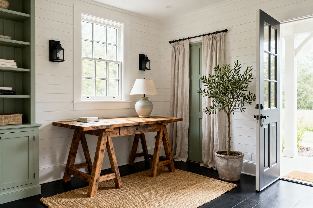 A farmhouse home office with white shiplap walls features a rustic reclaimed-wood trestle desk on a natural jute rug over dark-stained floors. At left is a sage green built-in bookcase with black hardware and lantern sconces; a divided-light window and open black door bring daylight, linen curtains frame a matching green interior door, a ceramic table lamp sits on the desk, and a potted olive tree in a concrete planter softens the corner.
