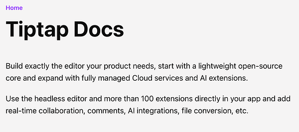 The image displays a section of the TipTap documentation website focused on text editing features.