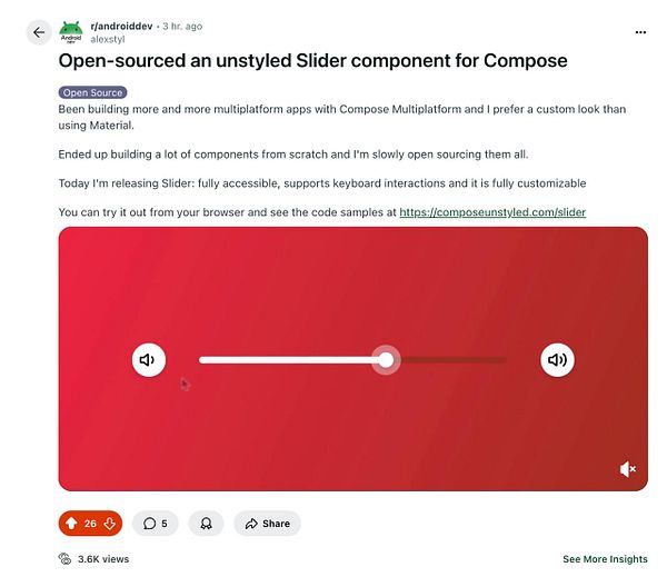 A Reddit post showcasing an open-sourced unstyled Slider component for Compose.