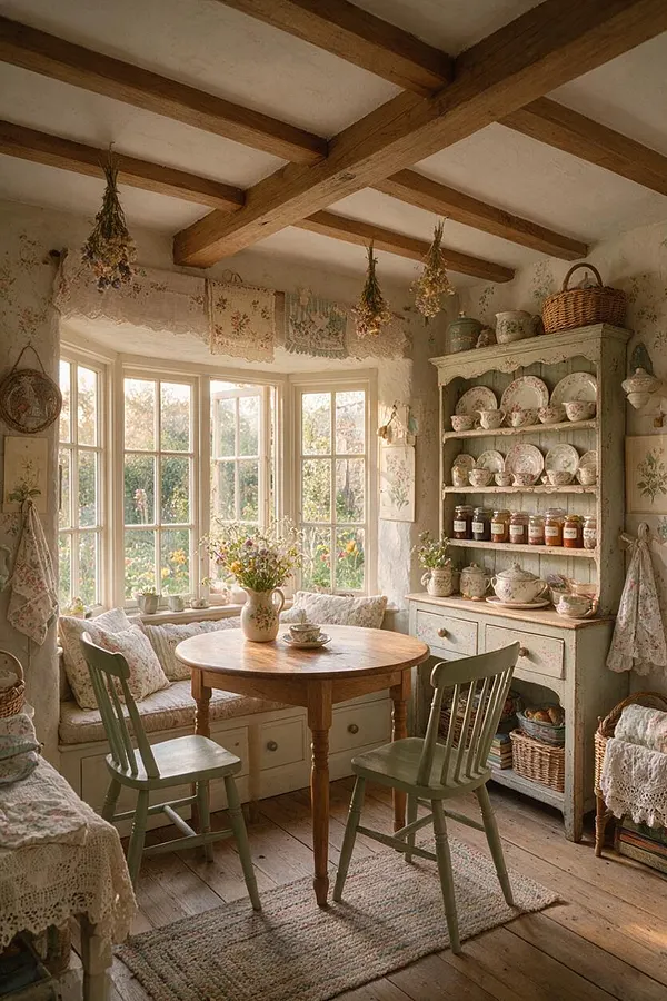A cozy cottagecore sunroom with exposed wooden ceiling beams, a bay window filled with soft daylight, and a round wooden table with two painted chairs. Built-in seating, floral textiles, hanging dried flowers, open shelving with dishes and jars, and a woven rug create a warm, rustic atmosphere.