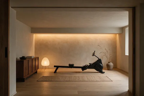 A minimalist home gym with a black rowing machine centered on a light wood floor, a woven rug in front, and a warm beige plaster wall with soft cove lighting. A dark wood cabinet, paper floor lamp, and ceramic vase with dried grasses add natural Japandi accents.