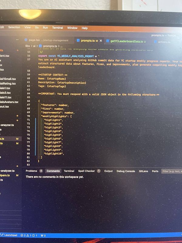 The image displays a code editor interface showing a TypeScript file related to a GitHub commit analysis tool.