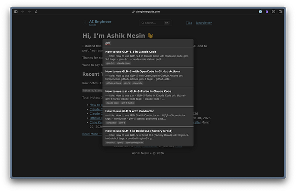 Screenshot of a web-based blog search interface with a search bar and metadata filters for semantic search.