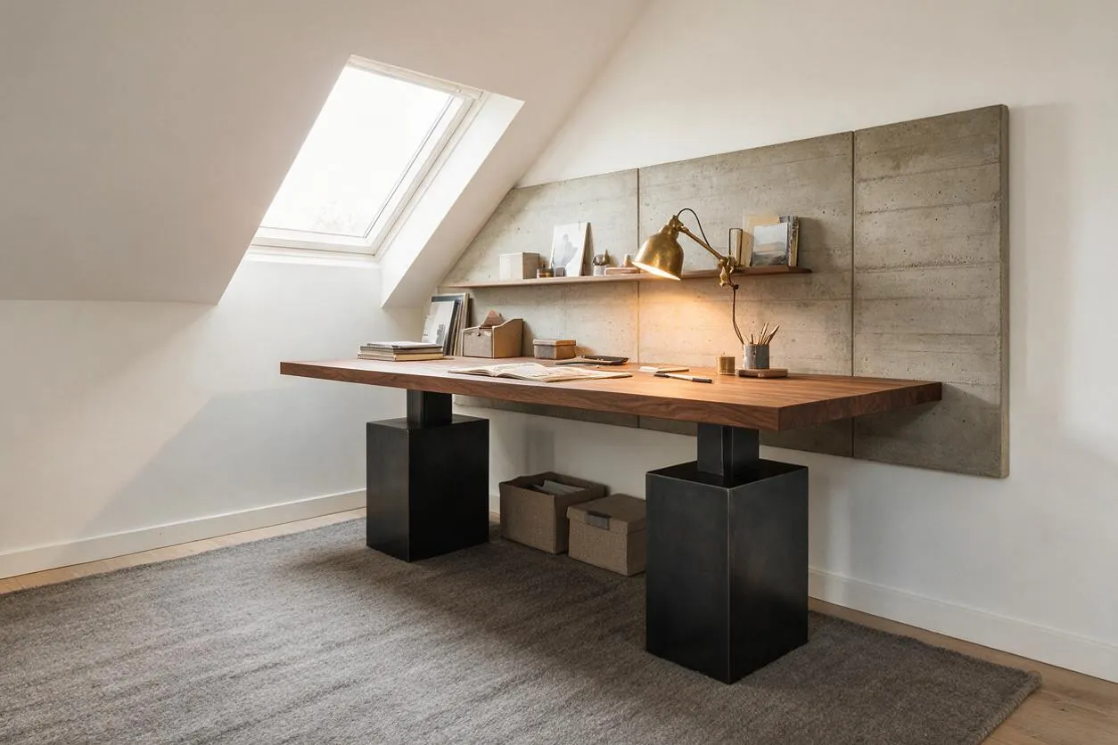 A minimalist home office under a skylight features a thick walnut desk mounted on two black steel pedestal supports. A raw concrete wall panel behind the desk holds a floating shelf with books and decor, while a brass task lamp casts a warm glow over the workspace.