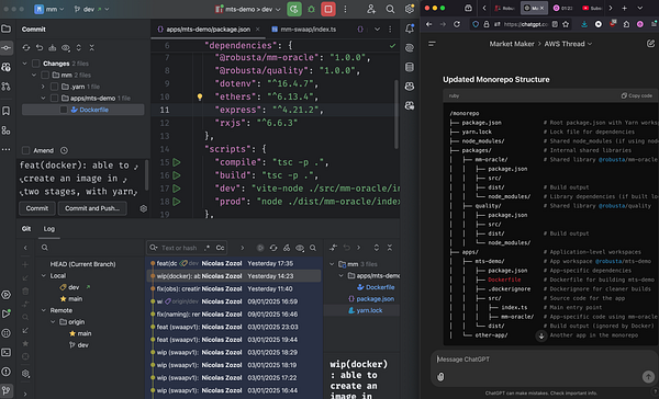 The image displays a coding environment with a Git commit interface and a monorepo structure overview.