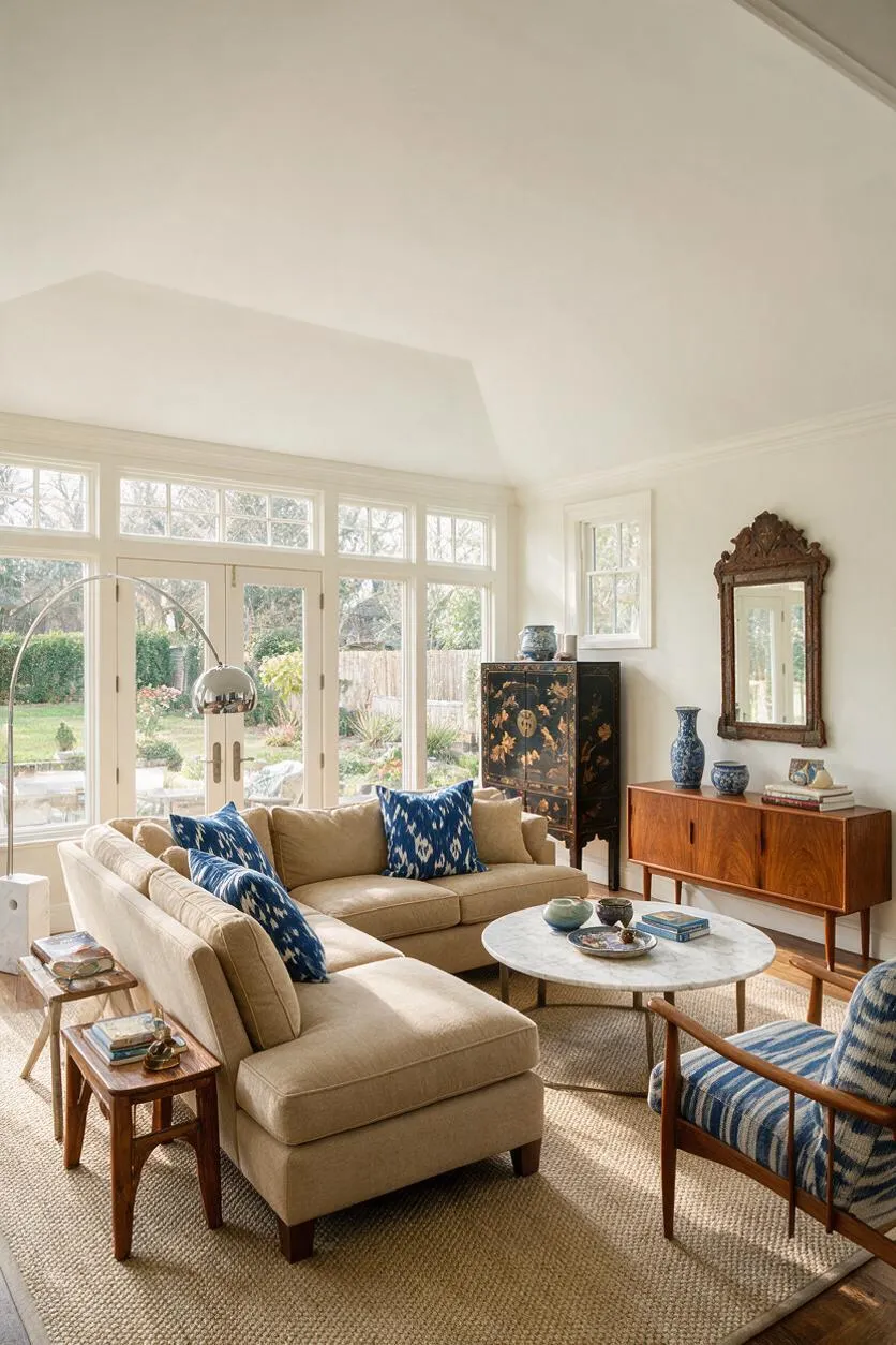 A bright sunroom with a high vaulted ceiling, cream walls, and large French doors and windows opening to a garden. The room features a beige sectional sofa with blue patterned pillows, a striped wood armchair, a marble coffee table, vintage wood cabinets, and decorative mirrors and ceramics.