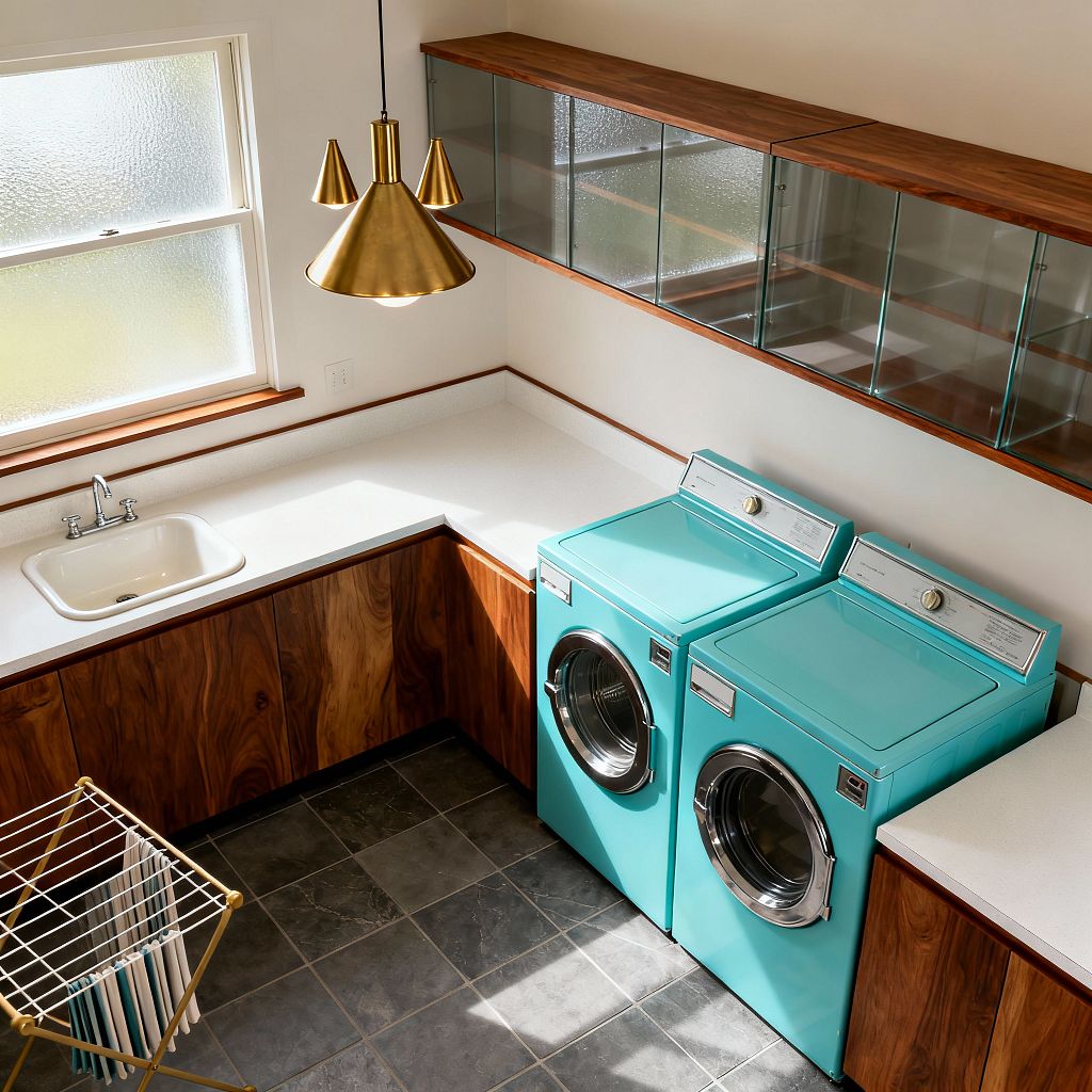 A bright mid-century laundry room features L-shaped white countertops atop walnut slab cabinets, a compact white drop-in sink beneath a frosted window, and a pair of retro turquoise washer and dryer with chrome doors. A brass multi-cone pendant light hangs over slate gray floor tiles, while glass-fronted upper cabinets with walnut trim line the wall and a small gold drying rack stands nearby in soft natural light.