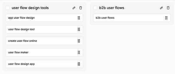 The image displays a task management interface with categorized keywords related to user flow design.