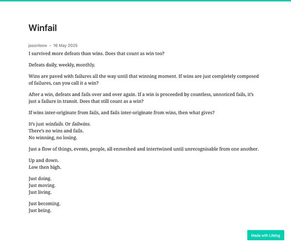 A reflective text discussing the concepts of wins and failures in life.