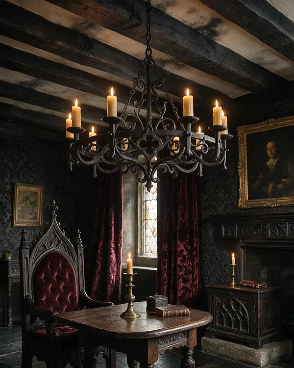 A moody Gothic interior with a wrought-iron chandelier holding lit candles, a carved throne-like chair with deep red velvet upholstery, and a dark wooden table. The room features black walls, burgundy curtains, a leaded stained-glass window, and antique framed portraits, creating a dramatic medieval atmosphere.