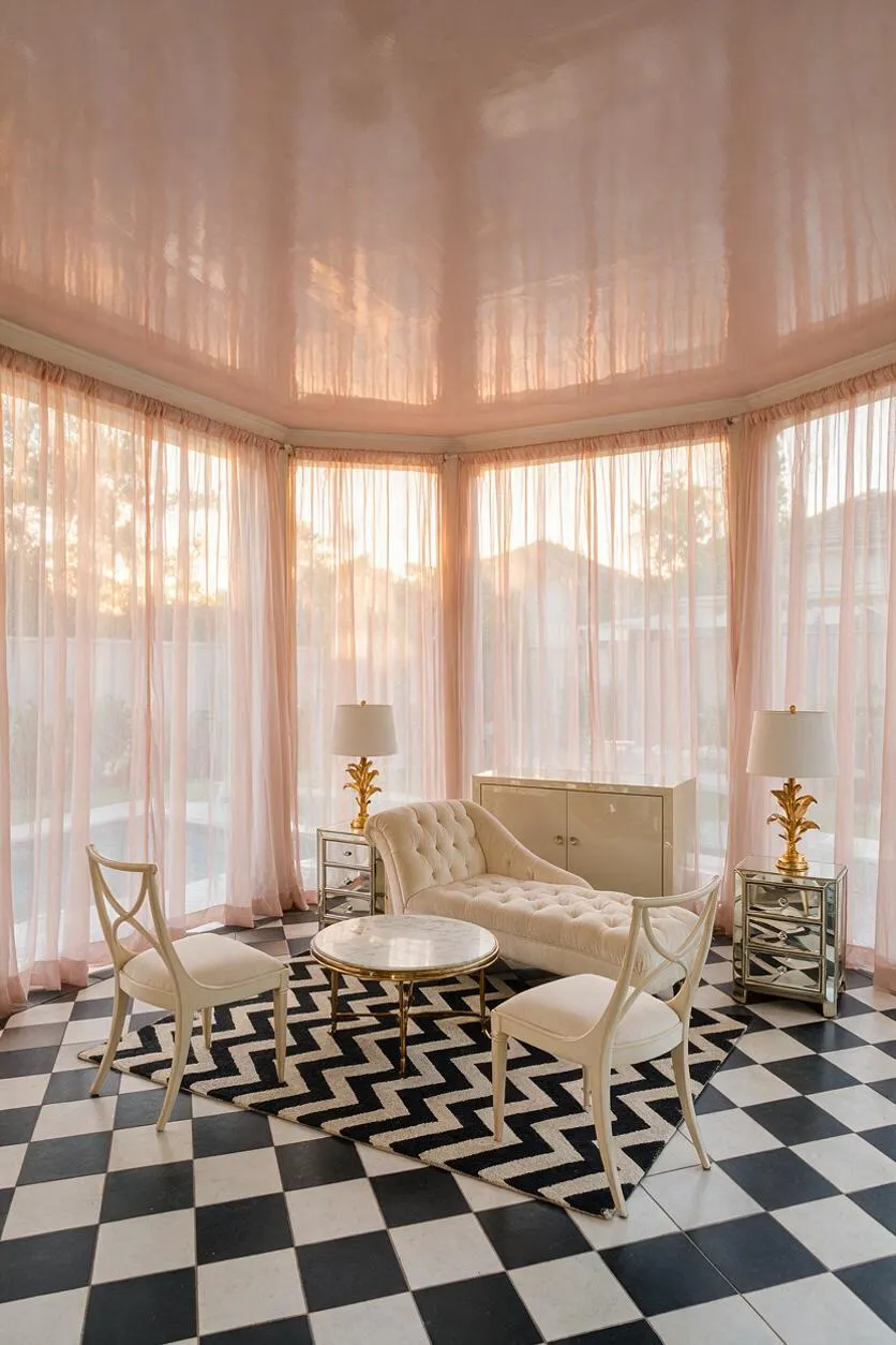 A glamorous backyard lounge enclosed with blush pink sheer curtains and a matching pink ceiling. The space features black-and-white checkerboard floor tiles, a black-and-white chevron rug, a tufted cream chaise lounge, two cream accent chairs, mirrored side tables with gold leaf lamps, and a cream cabinet against softly lit garden views.